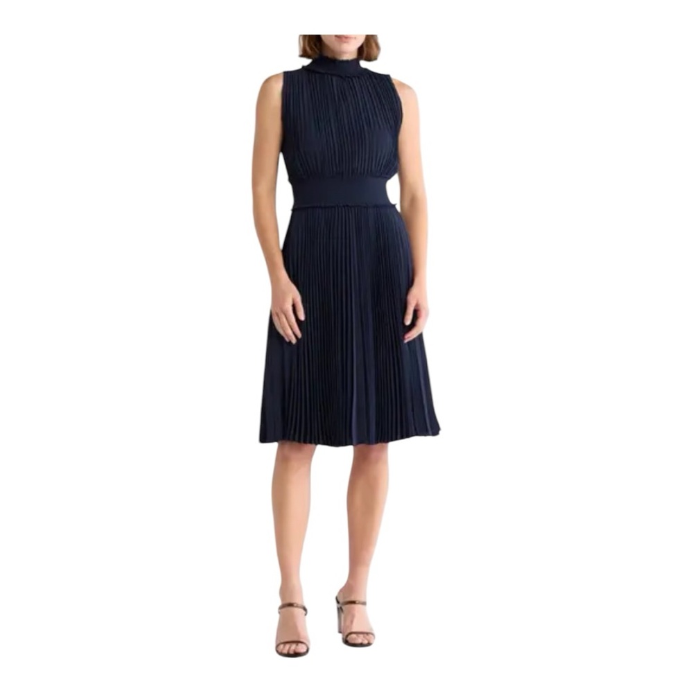 Nanette Lepore Navy Pleated Sleeveless Dress Size 10 Smocked Waist & Neckline
